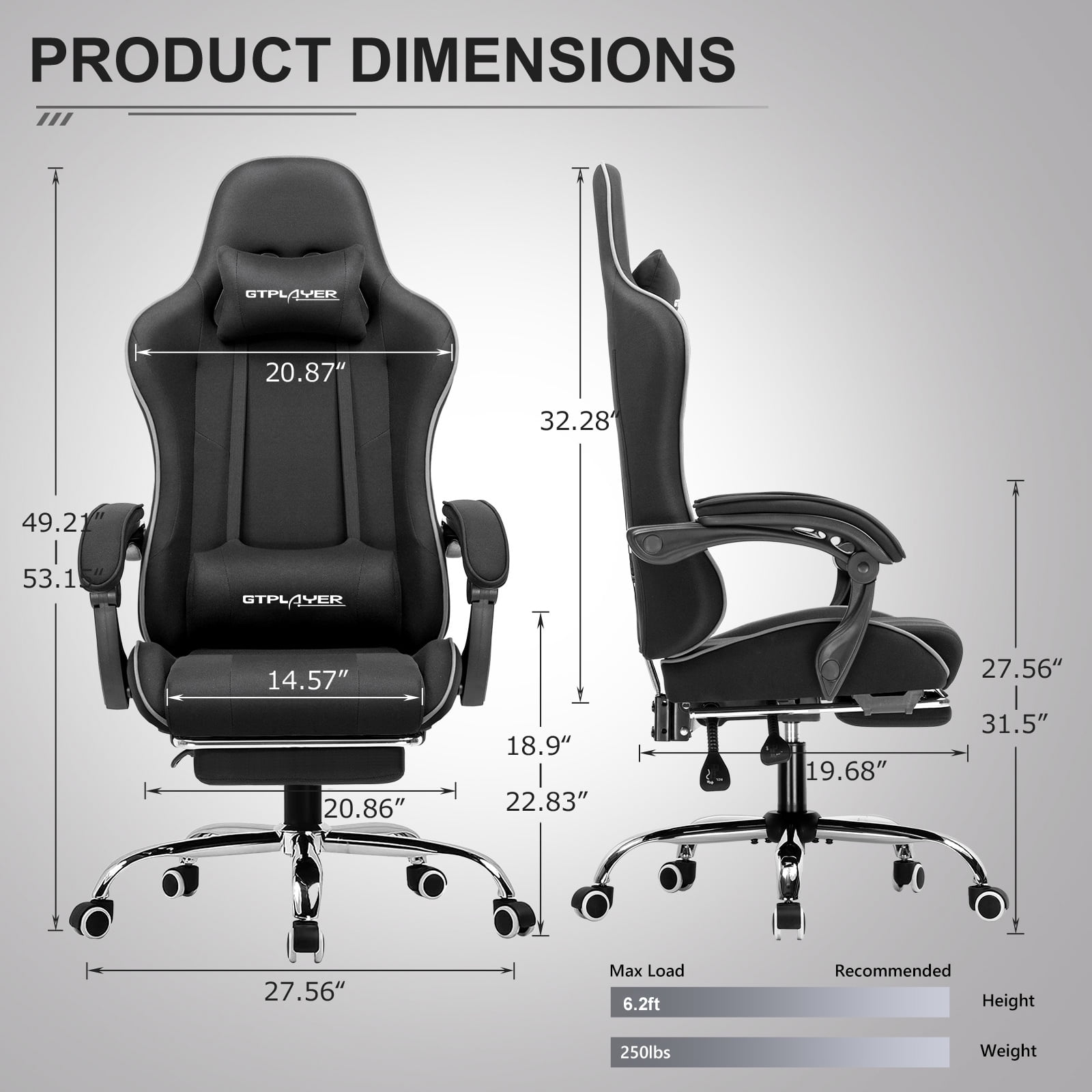 GTPLAYER Fabric Gaming Office Chair with Lumbar Massage Pillow, Black