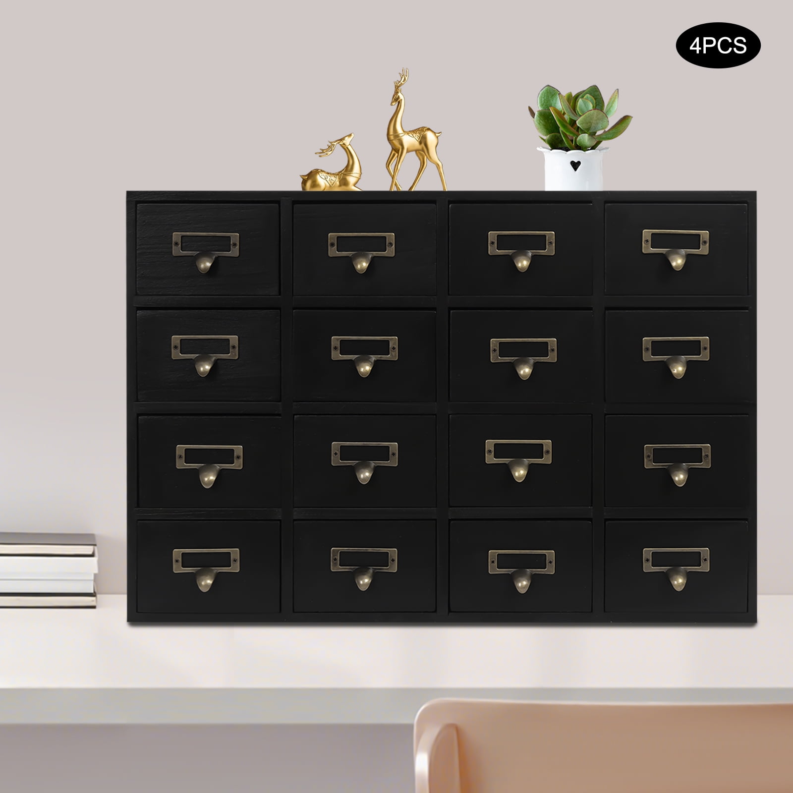 4 PCS 64-Drawer Wood Desk Organizer, Desktop Drawer Tabletop Storage Organization Box with Label Slot for Home Office, No Assembly Required (Black)