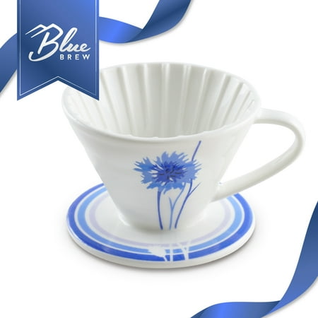 BLUE BREW (1-2 Cups) Ceramic Pour Over Coffee Dripper, Blue Cornflower - Artisan Series (BB1001)