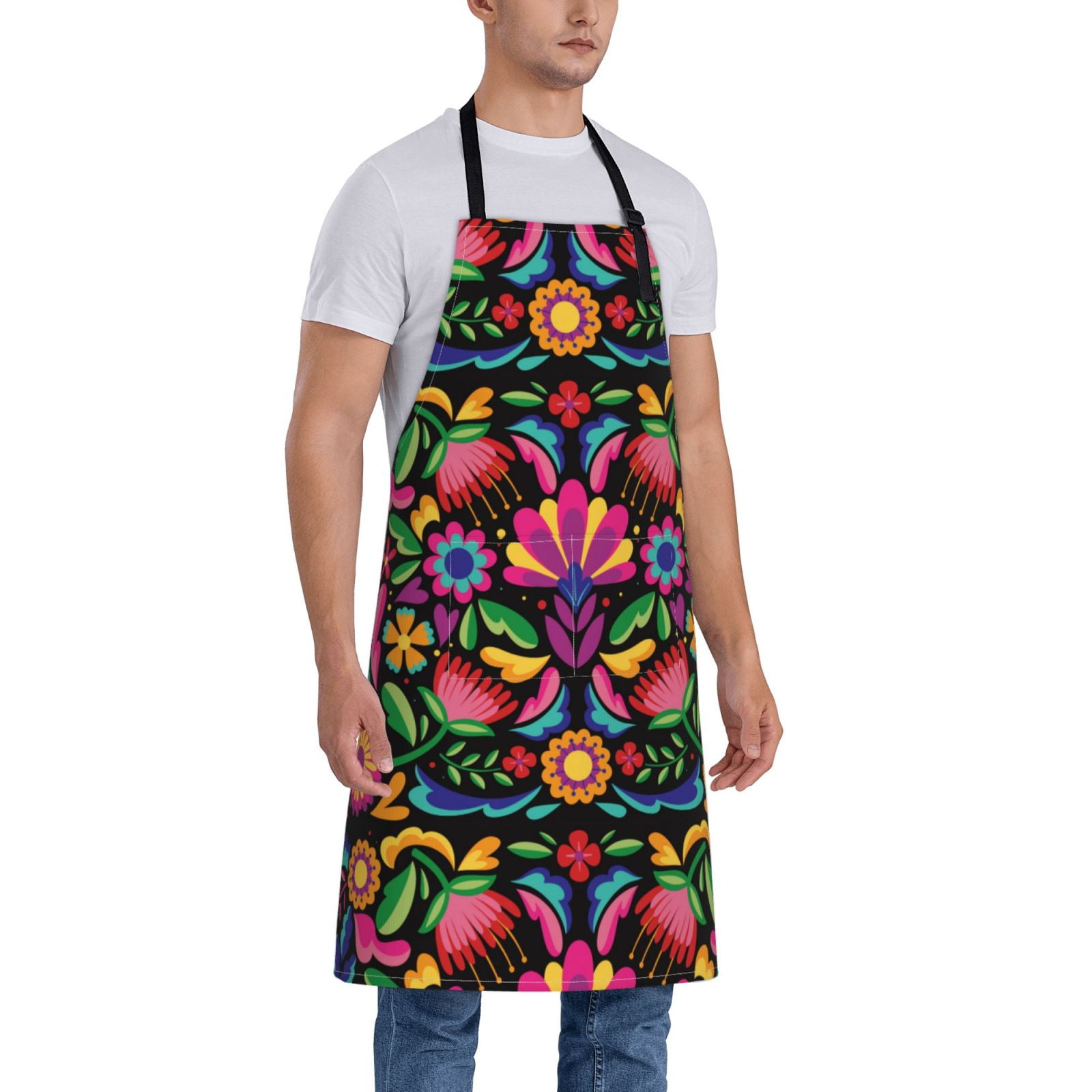 Kdxio Colorful Floral Embroidery Mexican Apron with Pockets Adjustable Kitchen Aprons for Men Women Waterproof Aprons for Cooking,Drawing,Crafting, Baking Household Cleaning