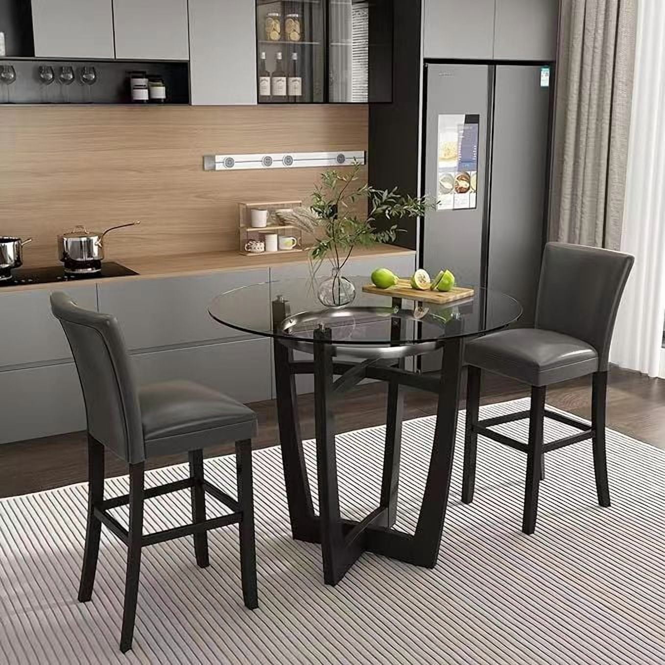 BAXMUY Set of 4 Counter Height Bar Stools, 25.6" Seat, Grey, Solid Wood & Faux Leather Bar Chairs for Kitchen Island & Home Bar