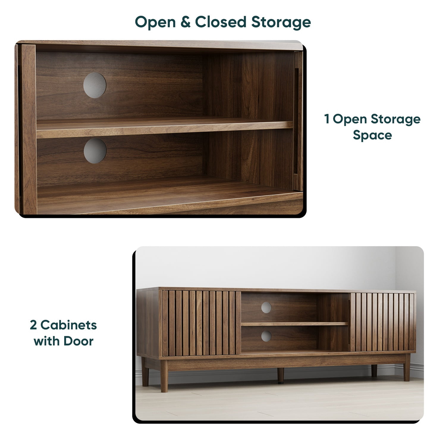 Hommoo Modern 55"W TV Stand for TV up to 65", Media Console Entertainment Center with Storage Space, for Living Room and Bedroom, Walnut