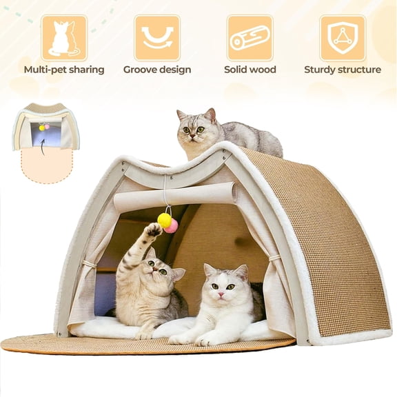 Cat House for Indoor Cats, Sisal Cat Bed Cave with Wood Frame & Plush Cushion, 4 Seasons Cat Scratcher House with Curtain & Floor Mat, Cozy Pet Teepee Condo for Small Medium Cats