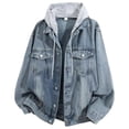 thumbnail image 4 of Jerdar Men's Faux Two Piece Hooded Denim Trucker Jacket Lapel Collar Button Flap Pockets Washed Long Sleeve Loose Fit Vintage Casual Fall Winter Streetwear Jean Outerwear Coat Top, 4 of 5