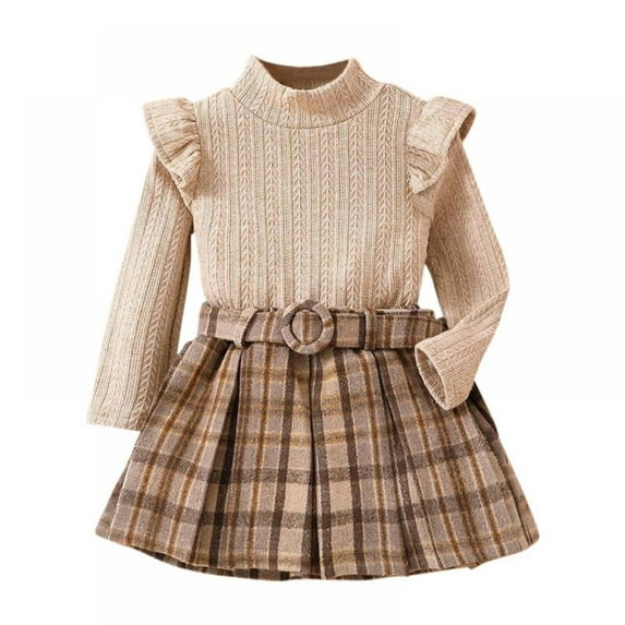 AJZIOJIRO Toddler Baby Girl Skirt Outfit Little Girl Long Sleeve Solid Tops+Plaid Pleated Skirt Baby Ruffle Autumn Clothes Suit