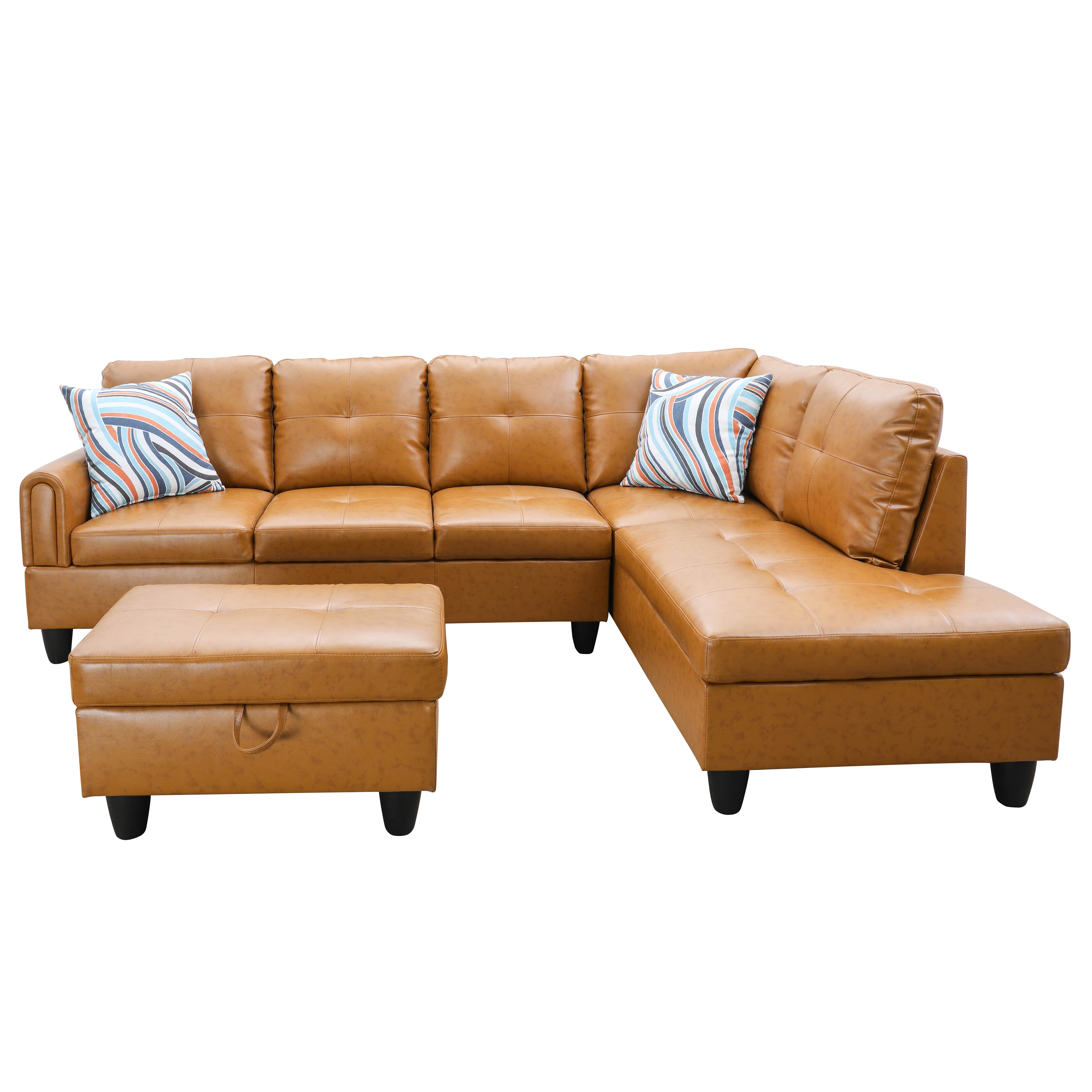 MAYEERTY 97" Faux Leather Sectional Sofa, 3-Piece Couch Living Room Sofa Set with Ottoman, Ginger (Right)