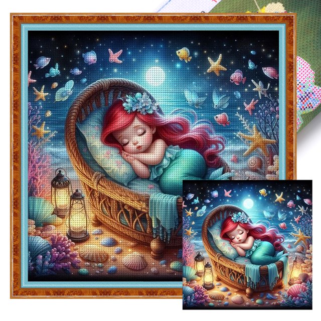 Kit Punto Cruz Sirena Impreso Hilo Algodón Ecológico Bordado 11CT 40x40cm