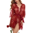 thumbnail image 2 of Pijama De Encaje Cárdigan De Perspectiva Suelta De Moda Ropa De Dormir De Verano Lencería para Mujer Vino Rojo XL, 2 of 8