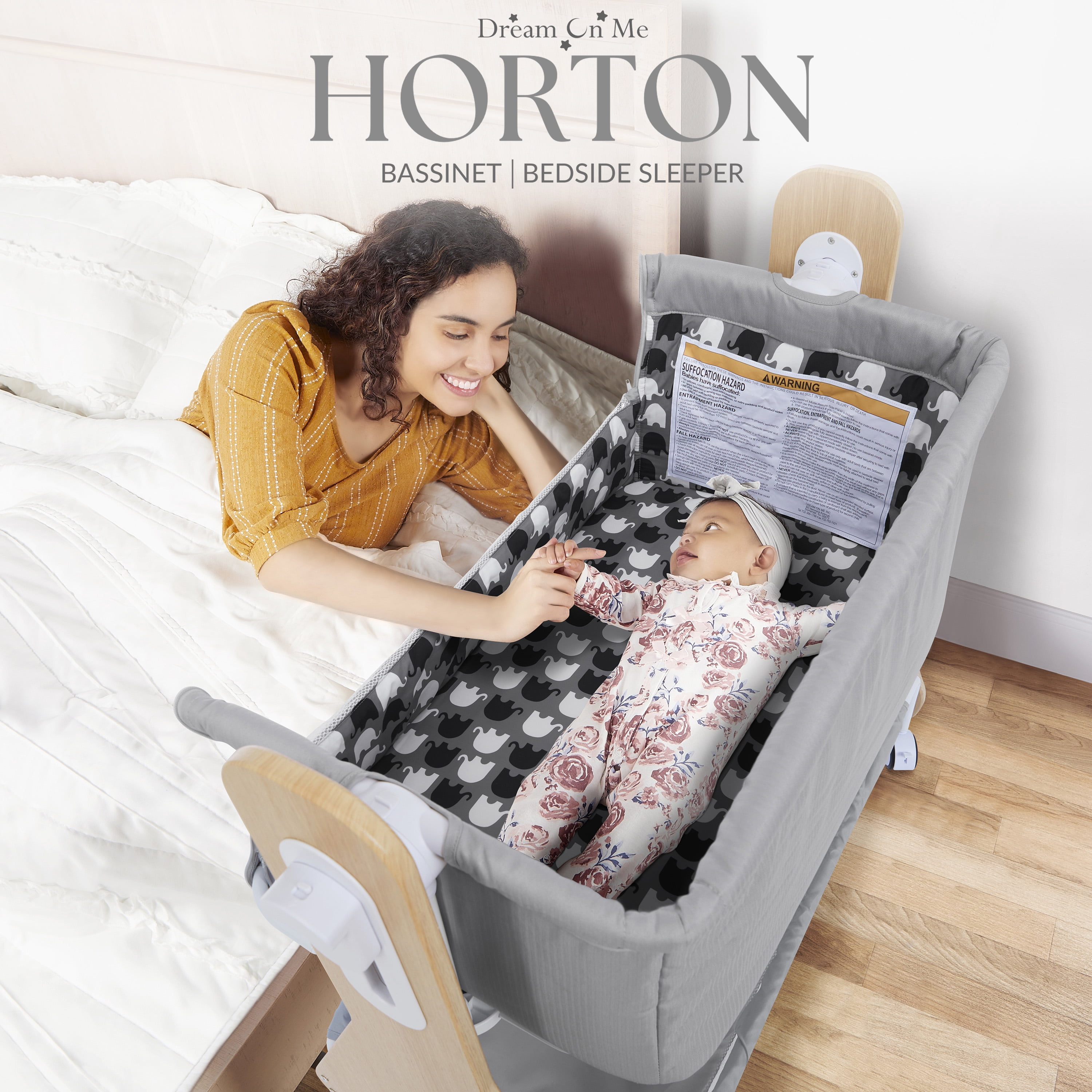 Dream On Me Horton Bassinet and Bedside Sleeper for Newborn In Gray, Large Storage Area