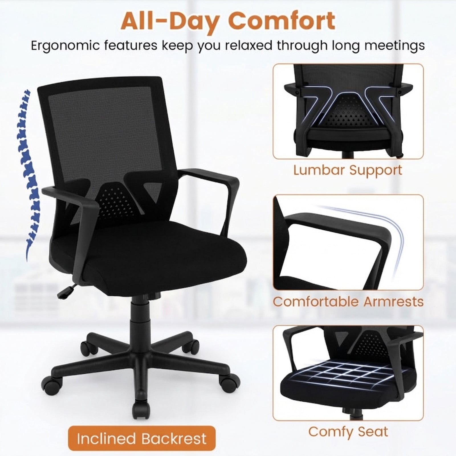 Furnibear Ergonomic Mesh Office Chair Mid Back Desk Chair with Lumbar Support, Rocking Function, Adjustable Computer Chair for Home Office, Black