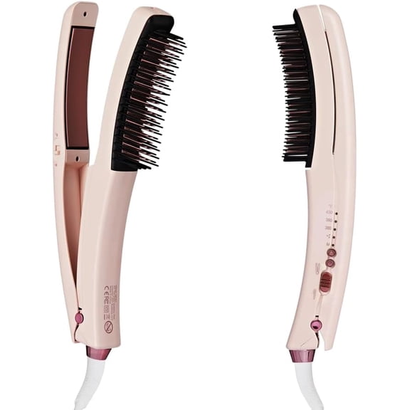 MAVIÉ Flat Iron Hair Straightener Brush, 2 in 1 Flat Iron Hot Comb with Ceramic Plates & 3 Heat Settings, Dual Voltage Shine Boosting Straightening Brush for Women, Anti-Frizz Smooth Waves & Curls