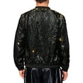 thumbnail image 3 of Chaqueta bomber de lentejuelas brillantes para hombre, chaqueta metálica de fiesta y disco con cierre, talla 2XL, negra, 3 of 5