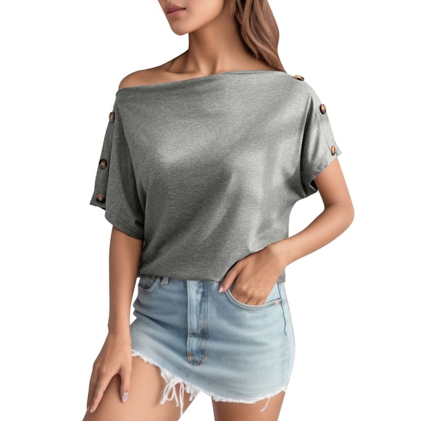 Gibobby Camisetas de verano para mujer Camiseta manga corta informal con hombros descubiertos color liso para mujer(Gris,G)