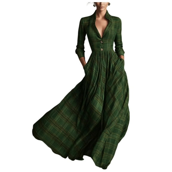 longantii Plaid Maxi Dress for Women Vintage Western Shirt Dress Cinched Waist Button Down Checkered Retro Fall Dresses Dark Green XXL