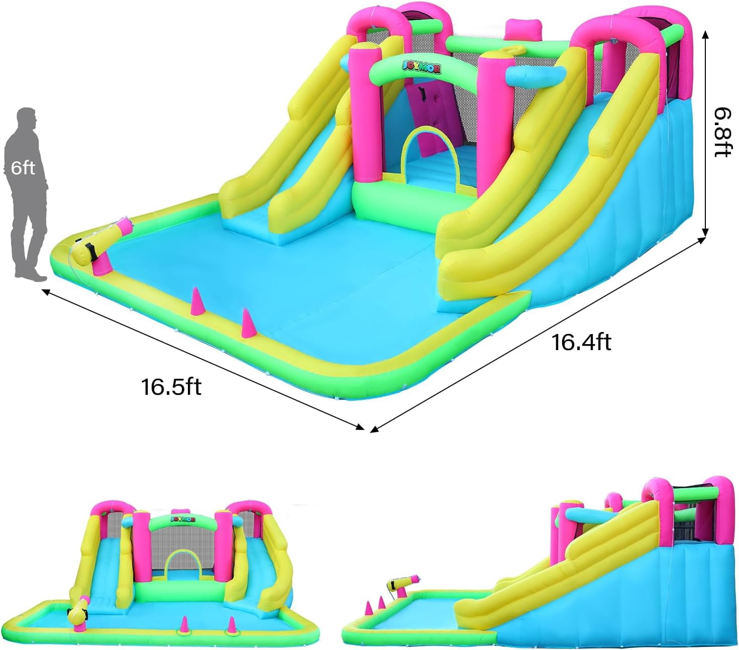 JOYMOR 8-in-1 Inflatable Water Slide Bounce House for Kids Backyard w/2 Slides, 2 Climbing Wall, Ring-Toss, Large Pool, 1min Blow Up Water Slide Includes 750w Air Blower, Storage Bag
