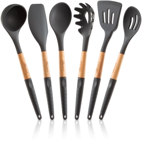 6 Pcs Cookward Silicone Cooking Utensils Set-Natural Wood Kitchen Utensils – Eco Friendly & BPA Free, Non-Scratch & Non-Stick Easy Grip -Dark gray