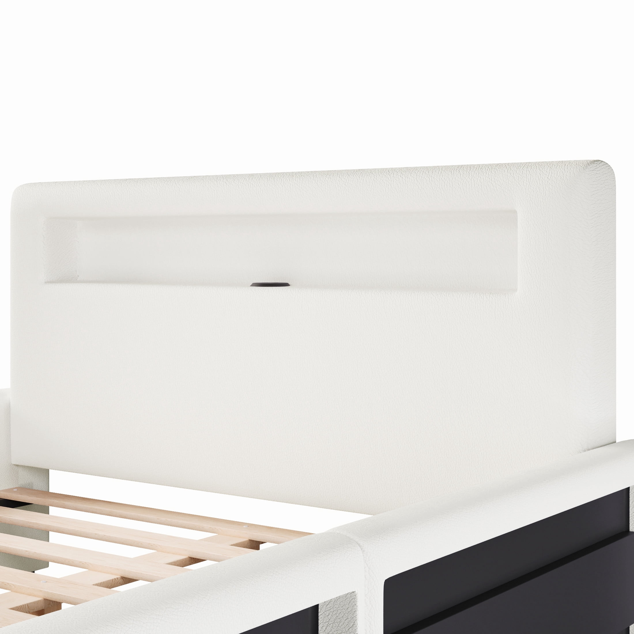 Noble House Full Size Upholstered Platform Bed with Storage Drawer, LED Light Strip and USB Charging Port, White