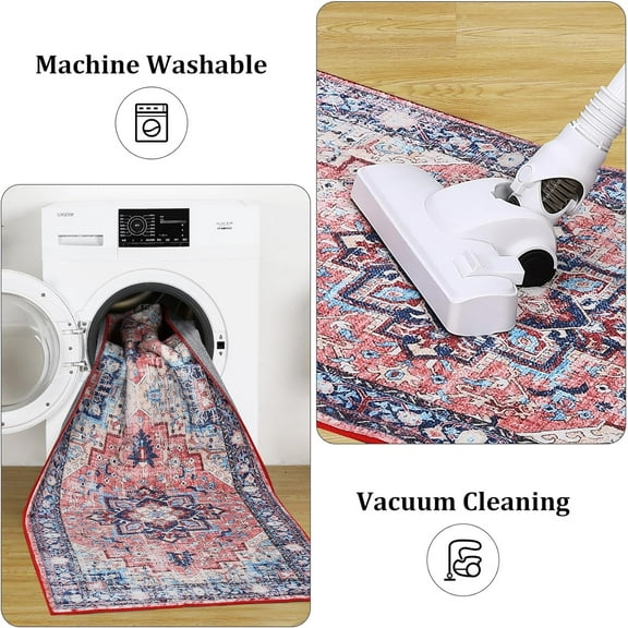 Lumiparty Boho Vintage Medallion Area Rug - 8x10 Washable Floral Print Rug, Easy-Cleaning, Low-Pile, Non-Shedding, Non-Slip Soft Accent Carpet for Dining Room, Home Office, Bedroom, Entryway