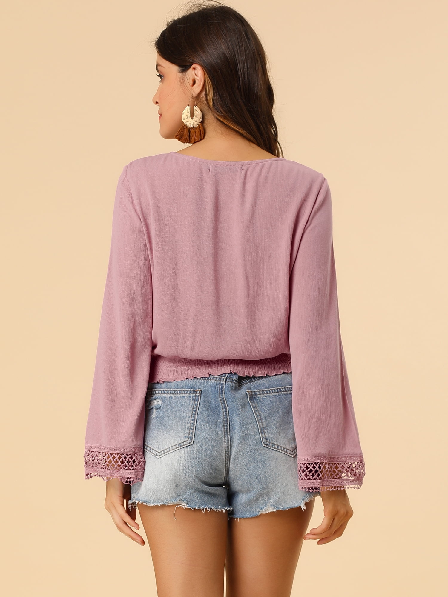 DARING DIVA Women's Lace Peasant Bell Sleeve Smocked Hem Cropped Boho Blouse XS Dusty Pink