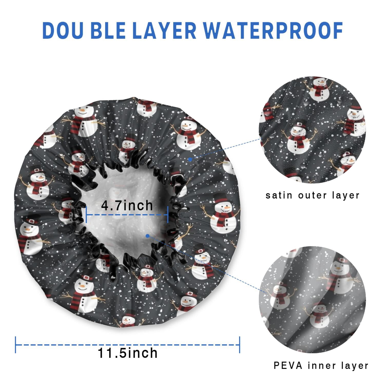 Shower Caps,Black Christmas Snowman Pattern Waterproof Shower Cap for Women 4 Pieces,Double Reusable Hair Cover for Shower PEVA Elastic Stretch Hem