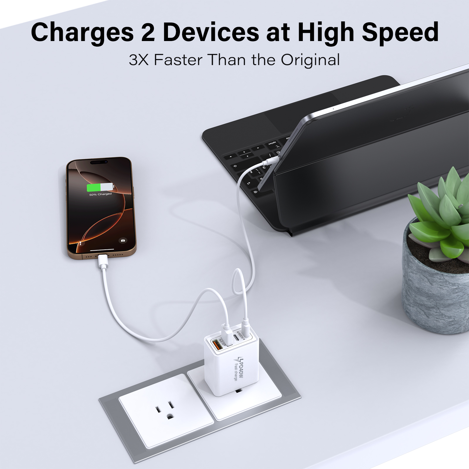 TAOHAI USB C Fast Charging, 2 Pack 40W Wall Charger Adapter, Type C Power Brick Power Plug with 6FT USB-C to C Cable for iPhone 16/15/14 Pro/Pro Max, Samsung Galaxy