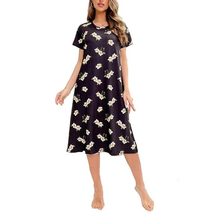 

Cute Floral Print Round Neck Sleepshirts Short Sleeve Black Color Women s Nightgowns & Nightdress (Women s)