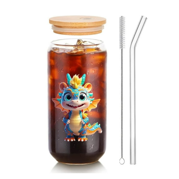 16 Ounce Clear Glass Cup with Straw and Lid, Painted with Little Dragon Patterns, Tumbler Drinking Set Coffee Cup, Great for Gift or Everyday Use