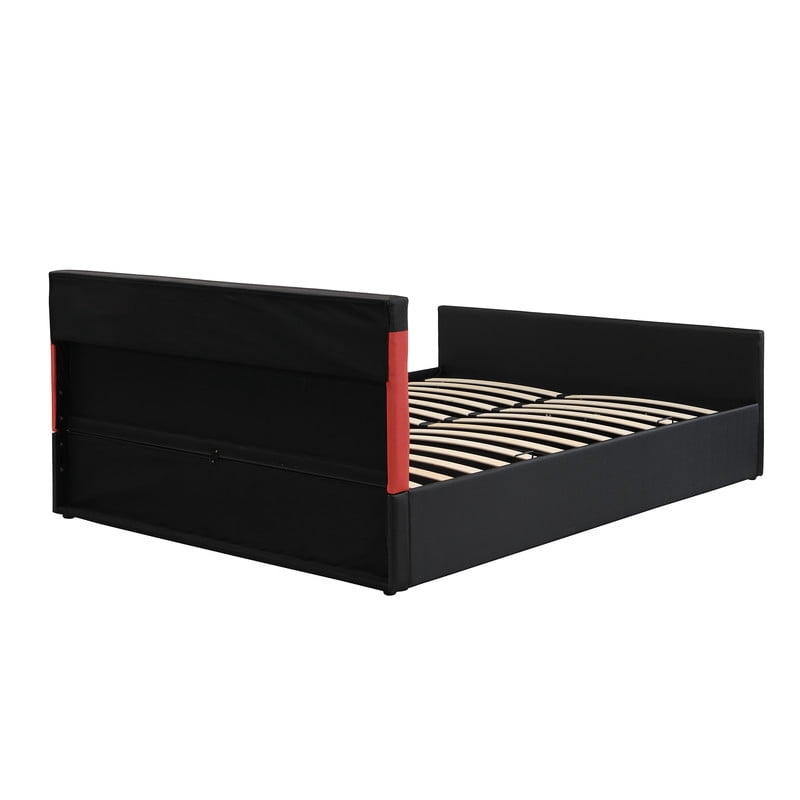 Queen Size Cyberpunk Style Low Profile Bed with LED Lighting Headboard, Hydraulic Storage Platform Bed Frame for Kids/Teens/Adults