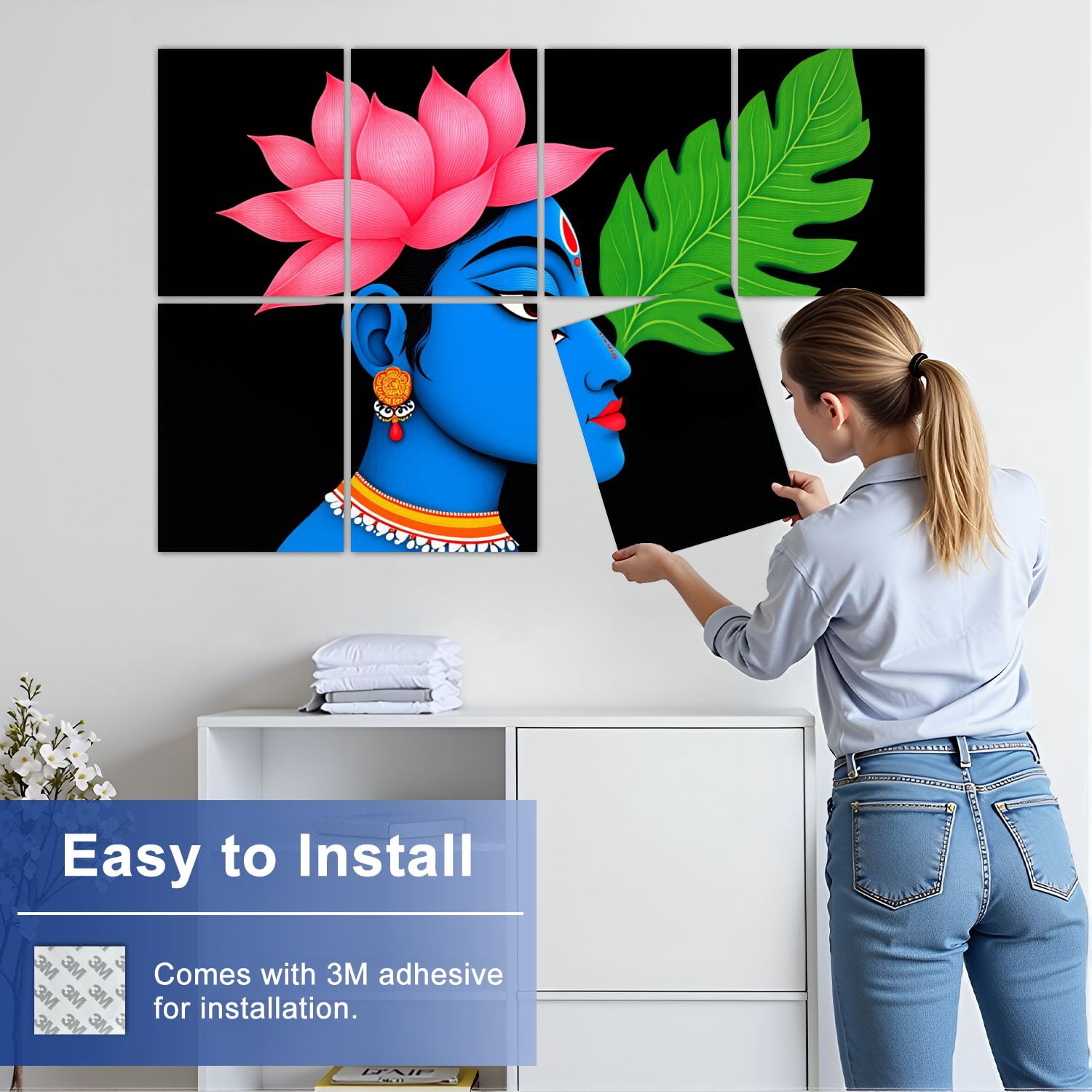 8 Pack Art Acoustic Panels Sound Absorbing Blue Goddess Lotus Flower Decorative Soundproof Wall Panels Self Adhesive for Nursery Game Room Bedroom 48"x32"