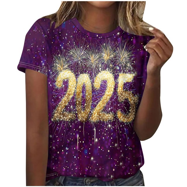 Camisetas Casuales de Mujer Año Nuevo Impreso Suéter de Manga Corta Cuello Redondo, Top de Moda para el Uso Diario