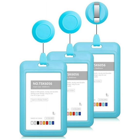 Retractable Badge Holders, Hard Plastic Sliding ID Holder with Reel Clips , 3 Pack Light Blue