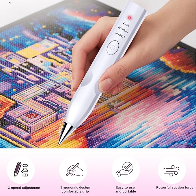 Diamond Art Painting Pen with Vacuum Pump, No Wax Needed, Lightweight Design, 3 Adjustable Suction Mode & Rechargeable, DIY Diamond Art Accessories and Tools(White)