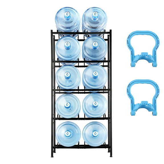 KFFKFF Water Bottle Organizer, 5-Level 5 Gallon Jug Stand, Dual-Row Rack for 10 Containers, Robust Beverage Holder for Home, Office, Lounge, Black