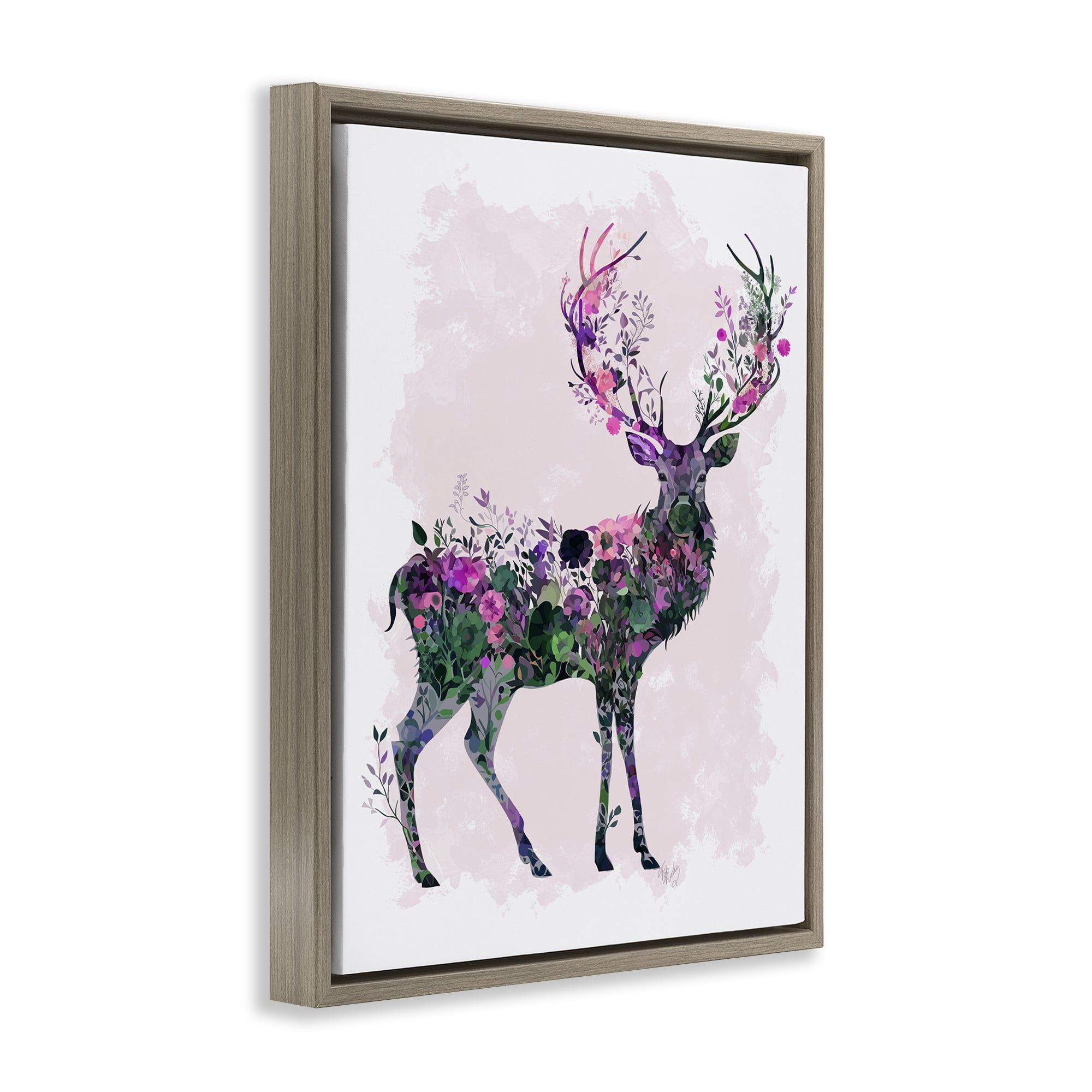 Stupell Industries Wildflower Patterned Deer Animals & Insects Painting Brown Floater Framed Canvas Art Print Wall Art, 25 x 31
