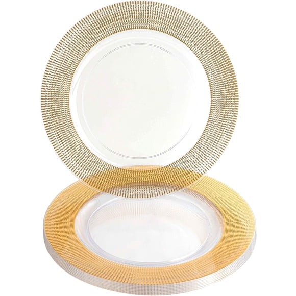 PARTY BARGAINS Assiettes de Charge de 13 Pouces - Lot de 8, Rebord Texturé Doré Transparent, Chargeurs Jetables Robustes pour des Repas Élégants - Idéal pour les Mariages et les Événements Formels