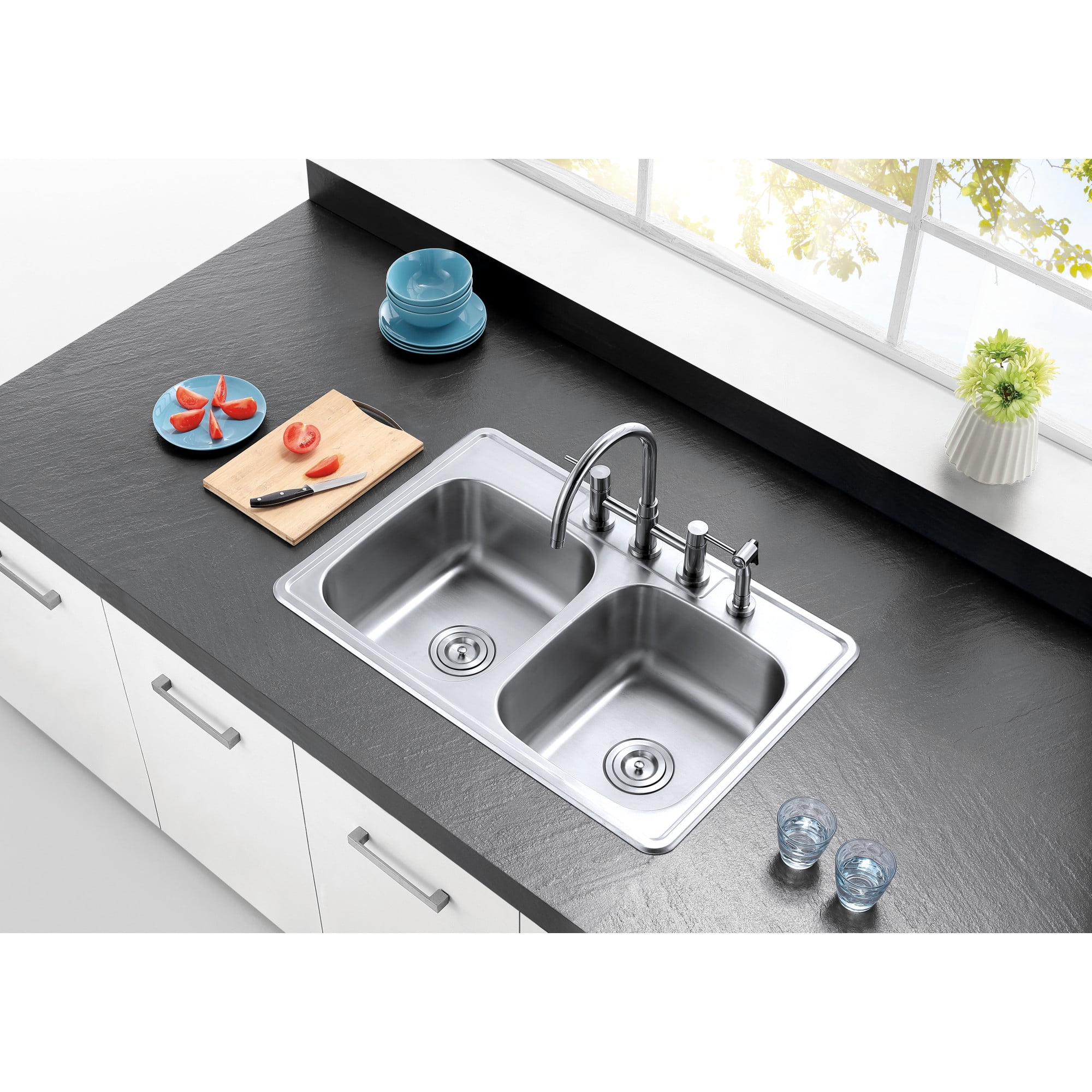 Gourmetier GKTD33227 Studio 33" Stainless Steel Self-Rimming Double Bowl Drop-In Kitchen Sink, Brushed