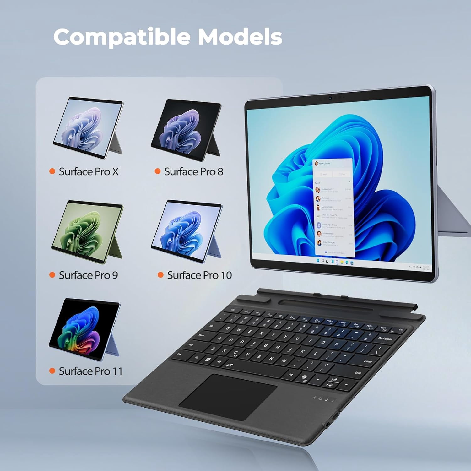 Meetion Surface Pro Keyboard, 7-Color Backlit, Detachable Bluetooth, Trackpad & Pen Slot, Rechargeable