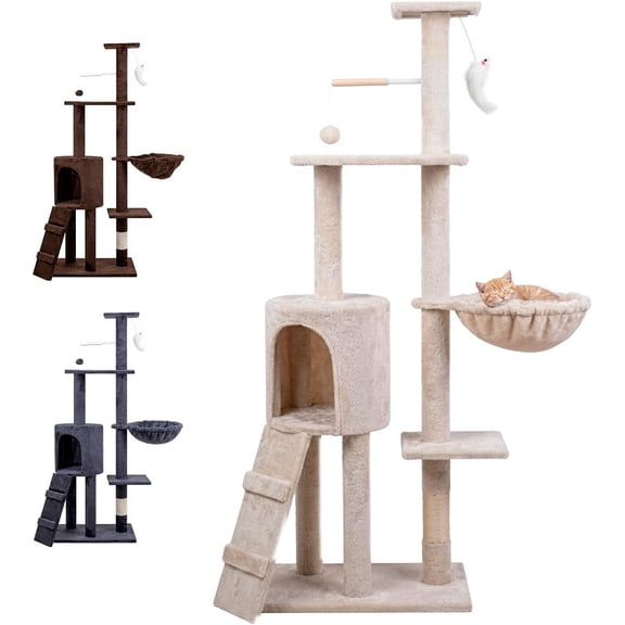 Árbol TrepadorY Rascador para Gatos Torre De Actividades De Varios Niveles Castillo con Escaleras, Hamaca Cubiertas De Felpa Seguro Y Duradero De 136X43X33CM (Beige)