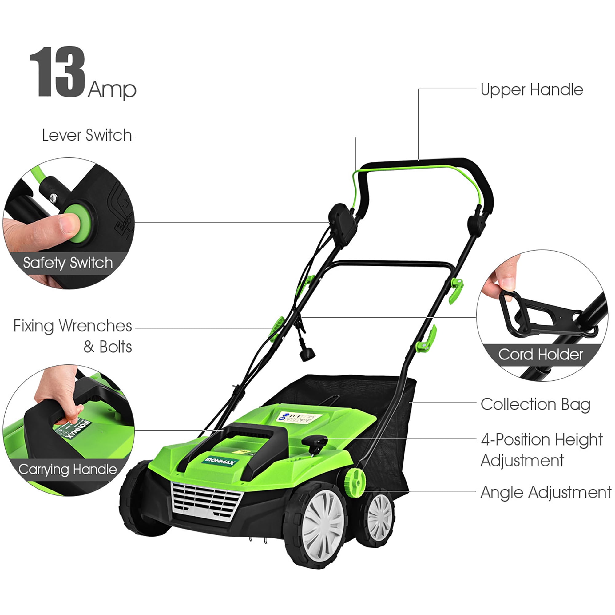 IronMax 13Amp Corded Scarifier Width 15" Electric Lawn Dethatcher w/50L Collection Bag Green