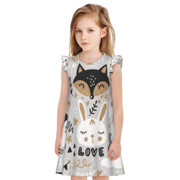 Fotbe Funny Animals Series Vestido de Dormir para Niñas de 3 a 10 Años, Mangas Cortas, Estilo Princesa, Pijama Camisón con Mangas Voladas-X-Large