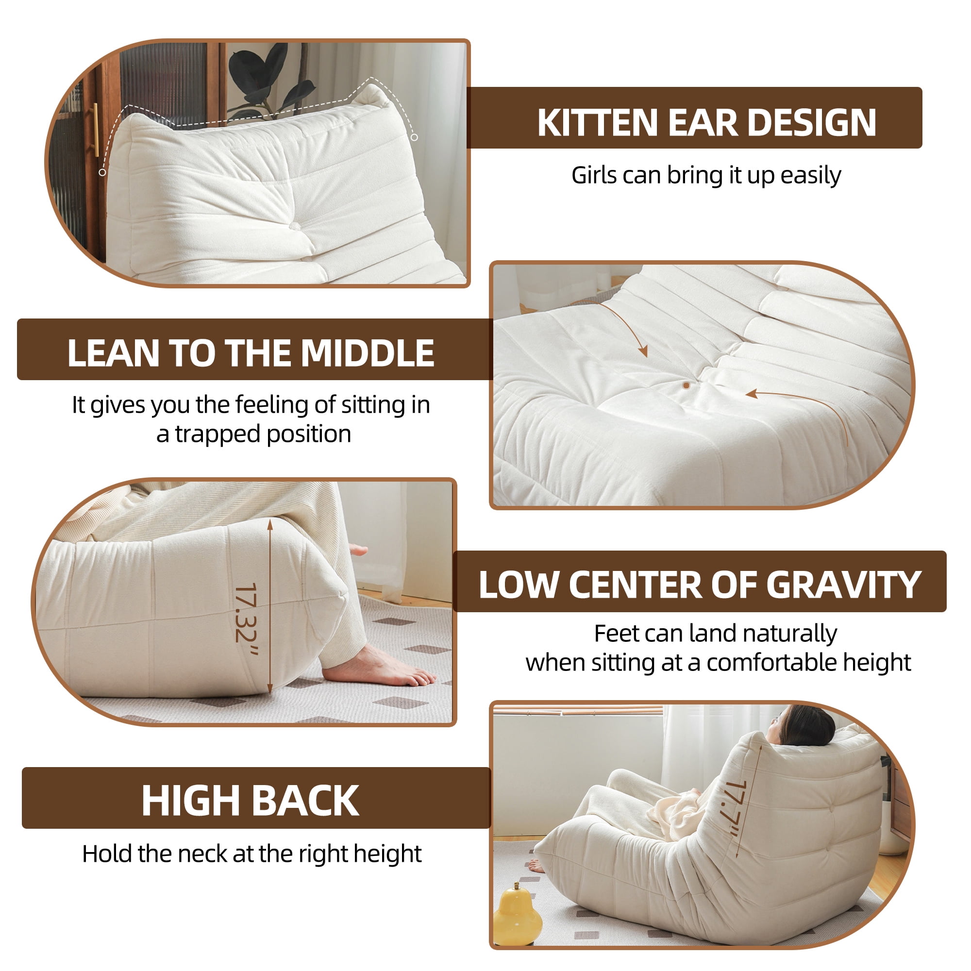 Aukfa Bean Bag Chair, Lazy Floor Sofa Lounger, Sponge Sofa Chairs for Adults, Fireside Chair for Living Room Bedroom, White