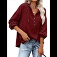 thumbnail image 1 of Sudadera con Capucha y Botones para Mujer, con Cuello en V, Larga y Cordón Ajustable. Camisetas Henley. Vino Tinto L, 1 of 8