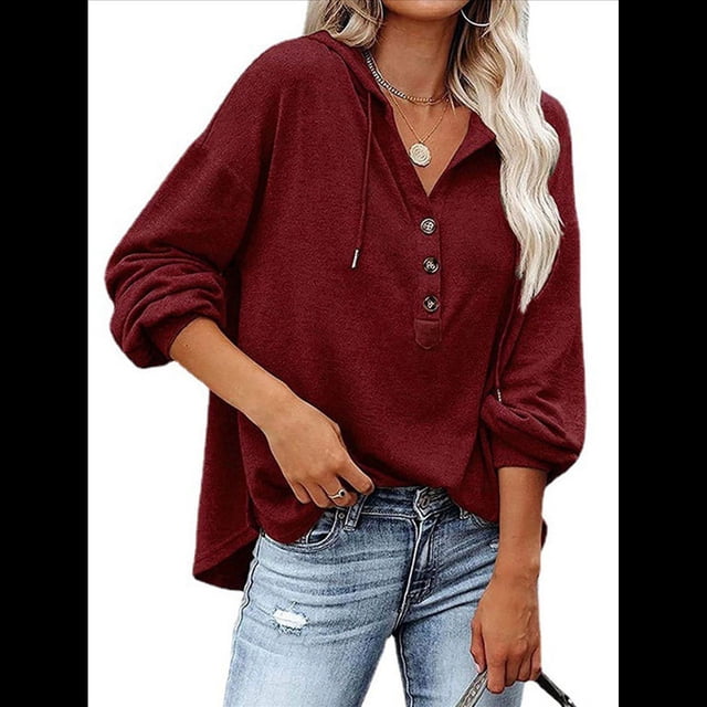 Sudadera con Capucha y Botones para Mujer, con Cuello en V, Larga y Cordón Ajustable. Camisetas Henley. Vino Tinto L