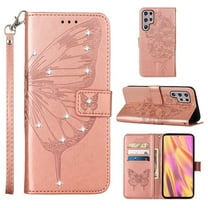 Samsung S23 Ultra 5G Wallet Case, Bling Diamond Embossed Butterfly Flip Premium PU Leather [Kickstand] [Card Slots] [Wrist Strap] [Magnetic] Phone Cover for Samsung S23 Ultra - 6.8", Rosegold