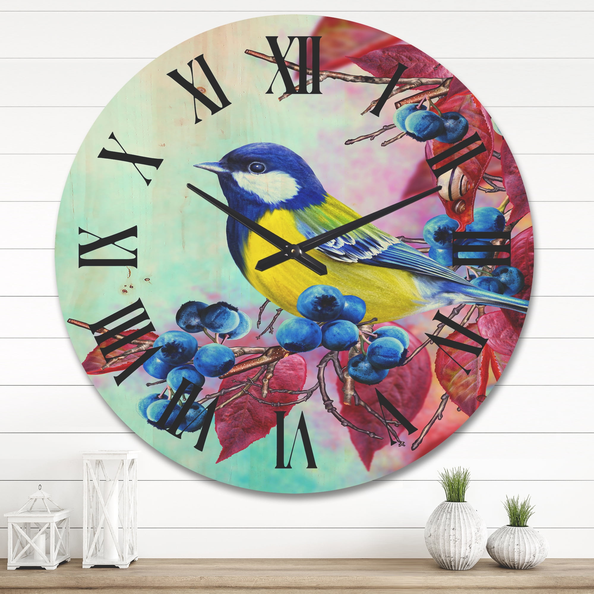 Designart 'Bright Bird Bullfinch Sitting On A Branch of Berries II' Traditional Wood Wall Clock