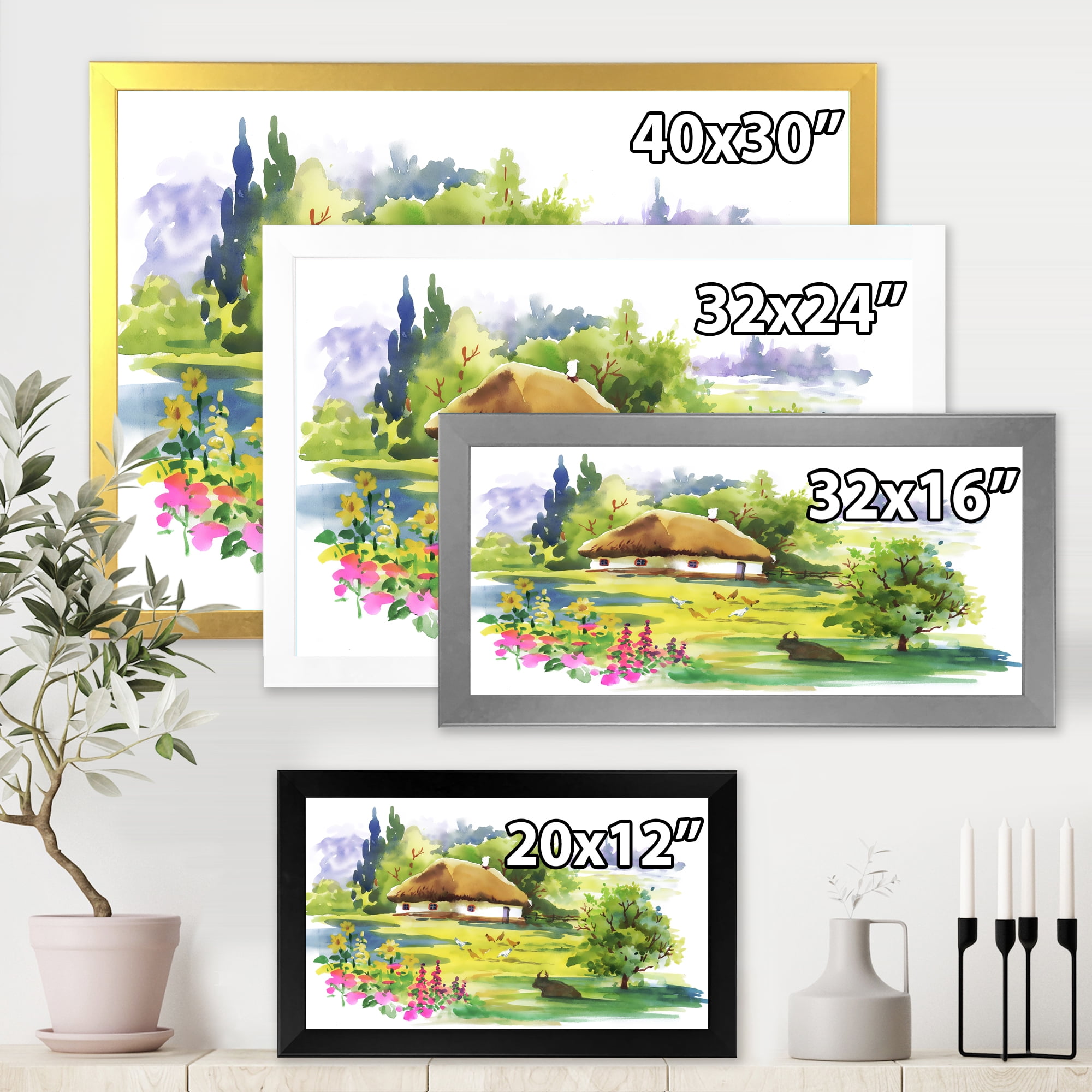 Designart 'Blossoming Greenlands And A Rural House' Traditional Framed Art Print