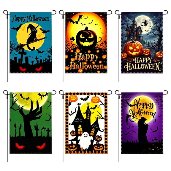 LANDLIT 6 PCS Halloween Garden Flag - Scary Ghost Bat Witch Pumpkin Design 12x18 Double Sided Holiday Burlap Yard Flag, Outside Decoration Halloween Welcome Seasonal Yard Outdoor Burlap Flag