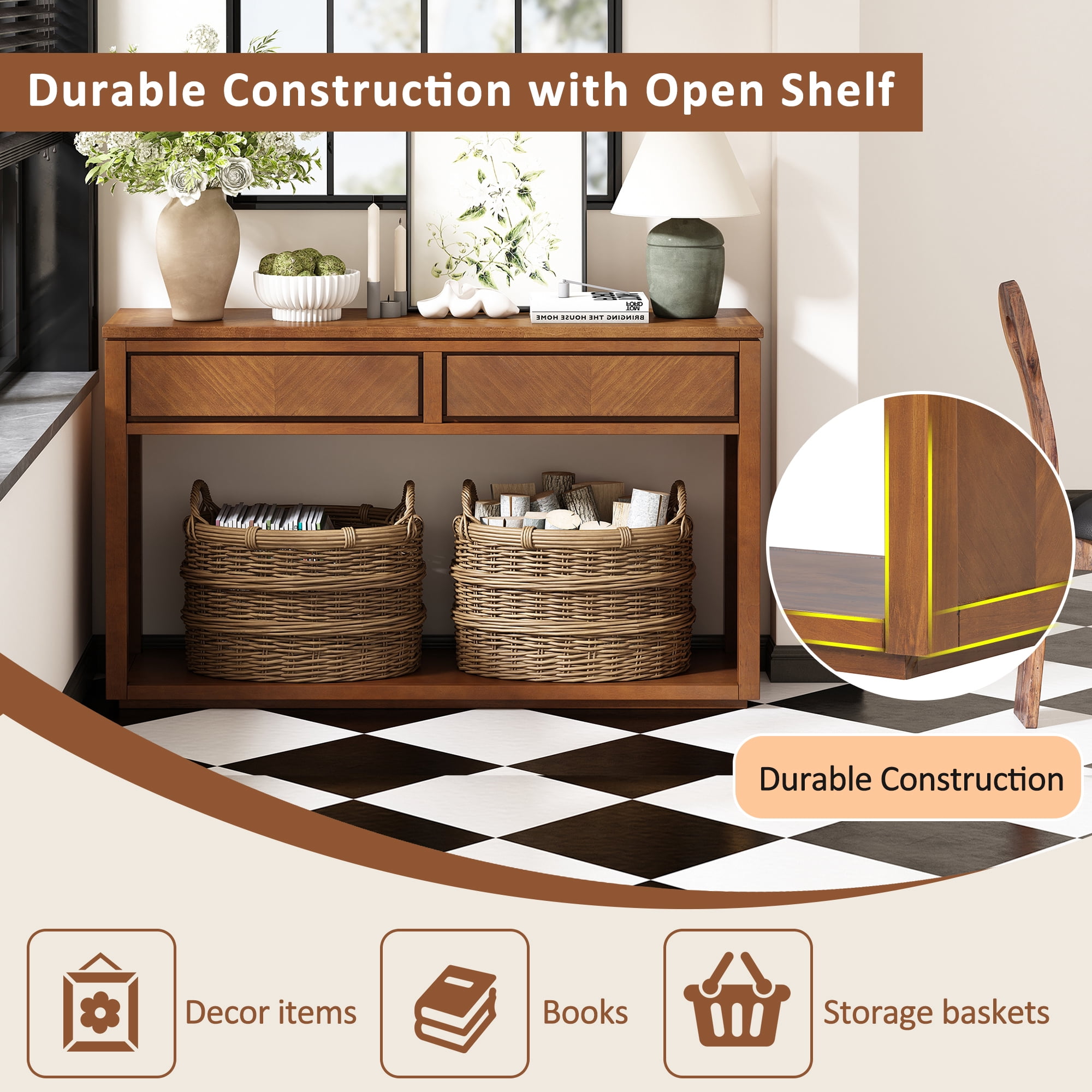 EUROCO 55" Long Console Table with 2 Drawers,Wooden Entryway Table with Open Storage Shelf, Sofa Table Behind Couch Foyer Tables for Living Room Hallway Entrance,Honey