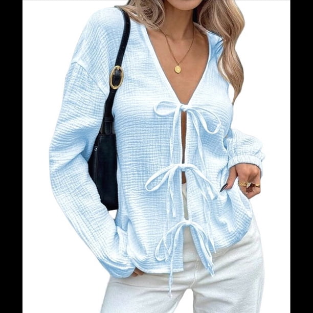 Blusa de Larga Abullonada Estilo Babydoll con Lazo Delantero para Mujer, Estilo Informal Y2K Azul XL