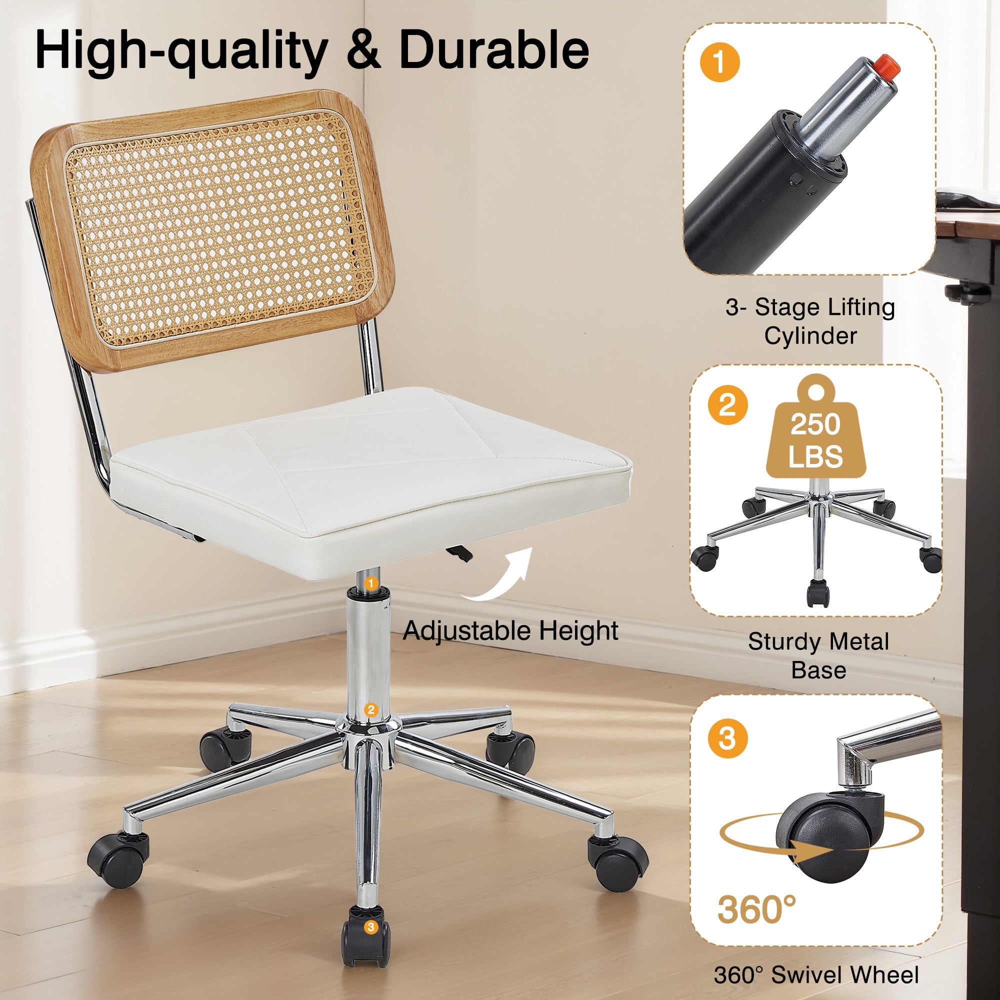 VECELO Mid Century Home Office Chair with Wheels, Modern PU Leather Desk Chair with Rattan Backrest, Adjustable Height Task Chair Swivel Computer Chair, White